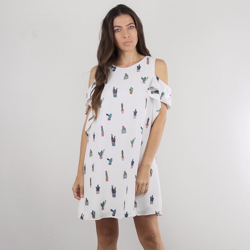 Cactus print cold shoulder dress